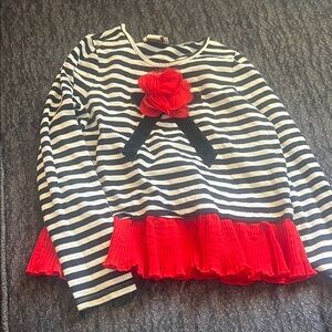 Kate Spade Striped Black & White Long Sleeve Top with Red Floral Accent size 7Y